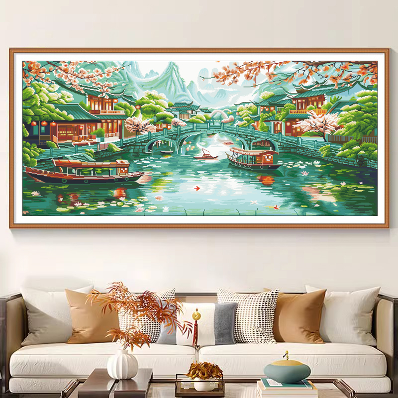 垚心忆江南十字绣新款线绣客厅满绣简约现代江南山水挂画手工刺绣