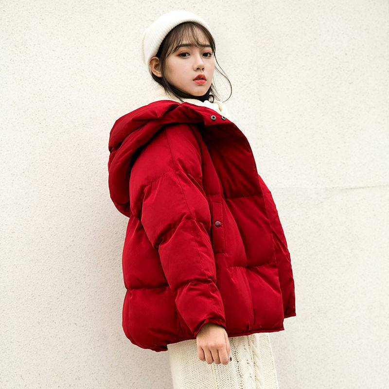 红色羽绒羽绒服女冬短款2023年新款羽绒服宽松面包服学生外套