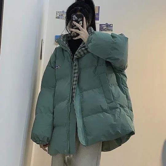 高级感薄荷绿羽绒服服外套女学生秋冬季新款纯色棋盘格面包服