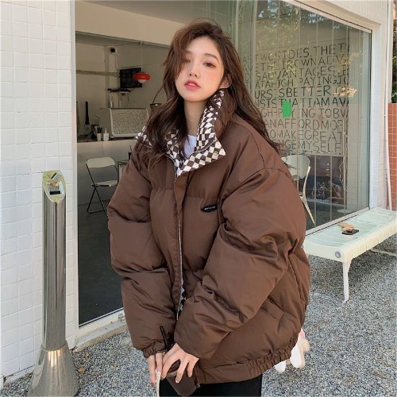 棋盘格羽绒服外套女2023冬季新款森系羽绒面包服ins韩版宽松