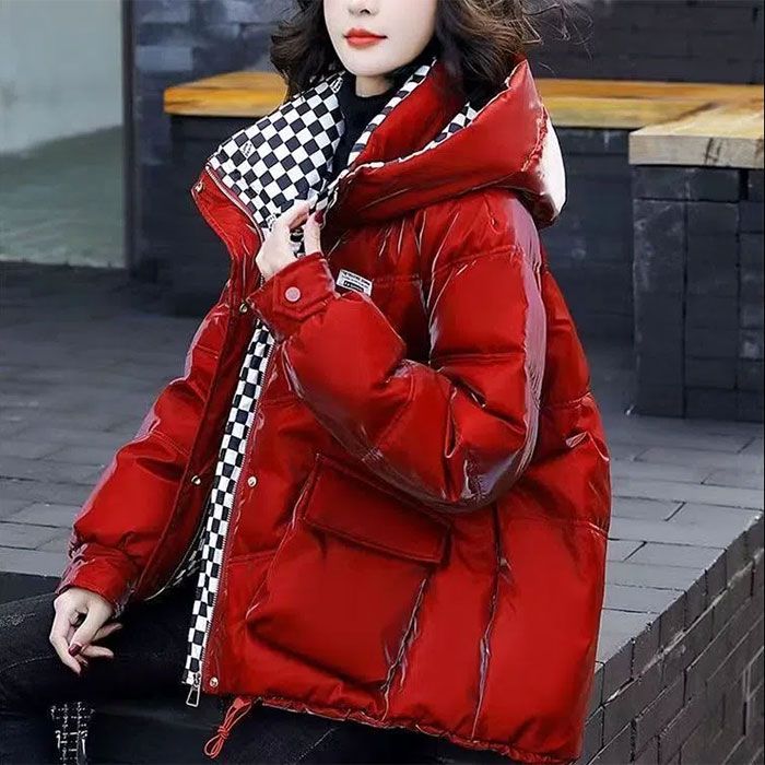 亮面免洗羽绒羽绒服女2023冬季新款韩版格子羽绒服宽松保暖可