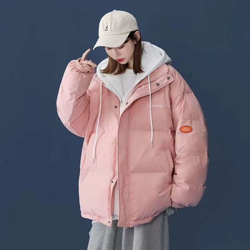 羽绒服冬季高中生女假两件羽绒服连帽面包服宽松韩版加厚爆款