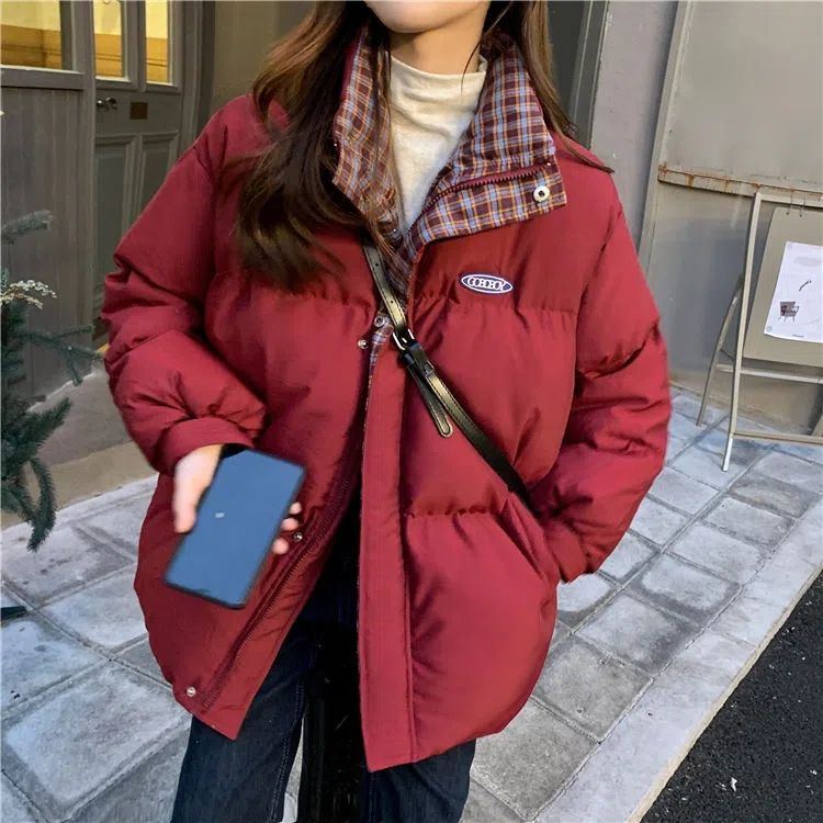 2023新款设计感小众加厚羽绒服外套酒红色面包羽绒服女韩版宽