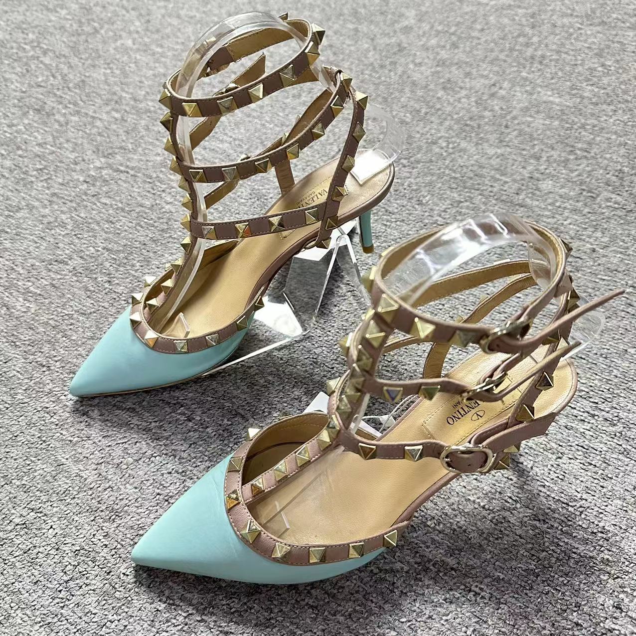 95新 Valentino/华伦天奴 36.5码/Seven精选 蓝色三环高跟鞋 1484
