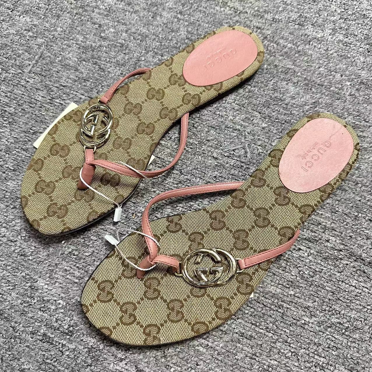 GUCCI/古驰36码/Seven女鞋精选 浅棕色印花金扣夹脚人字拖 xxs297
