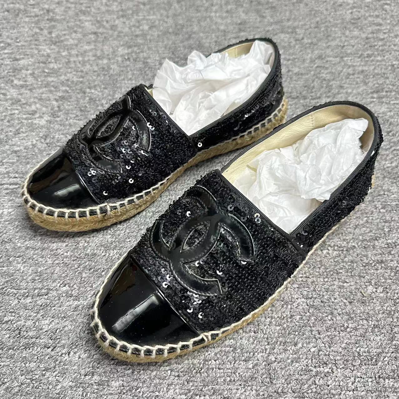 95新 Chanel/香奈儿 36码/Seven/ 黑色亮片时尚百搭渔夫鞋  1477 