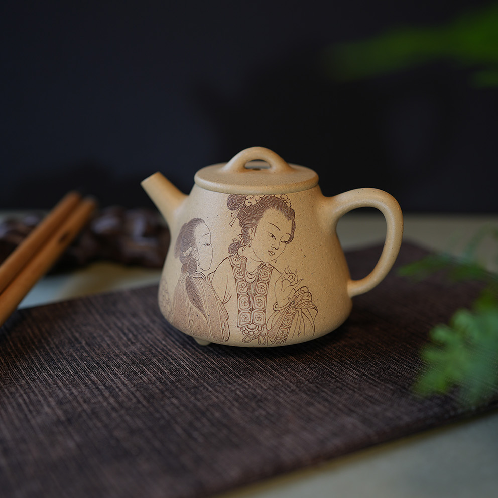 踏春行 宜兴原矿 手工紫砂壶 瓯涧作品 仕女系列 本绿石瓢壶125cc