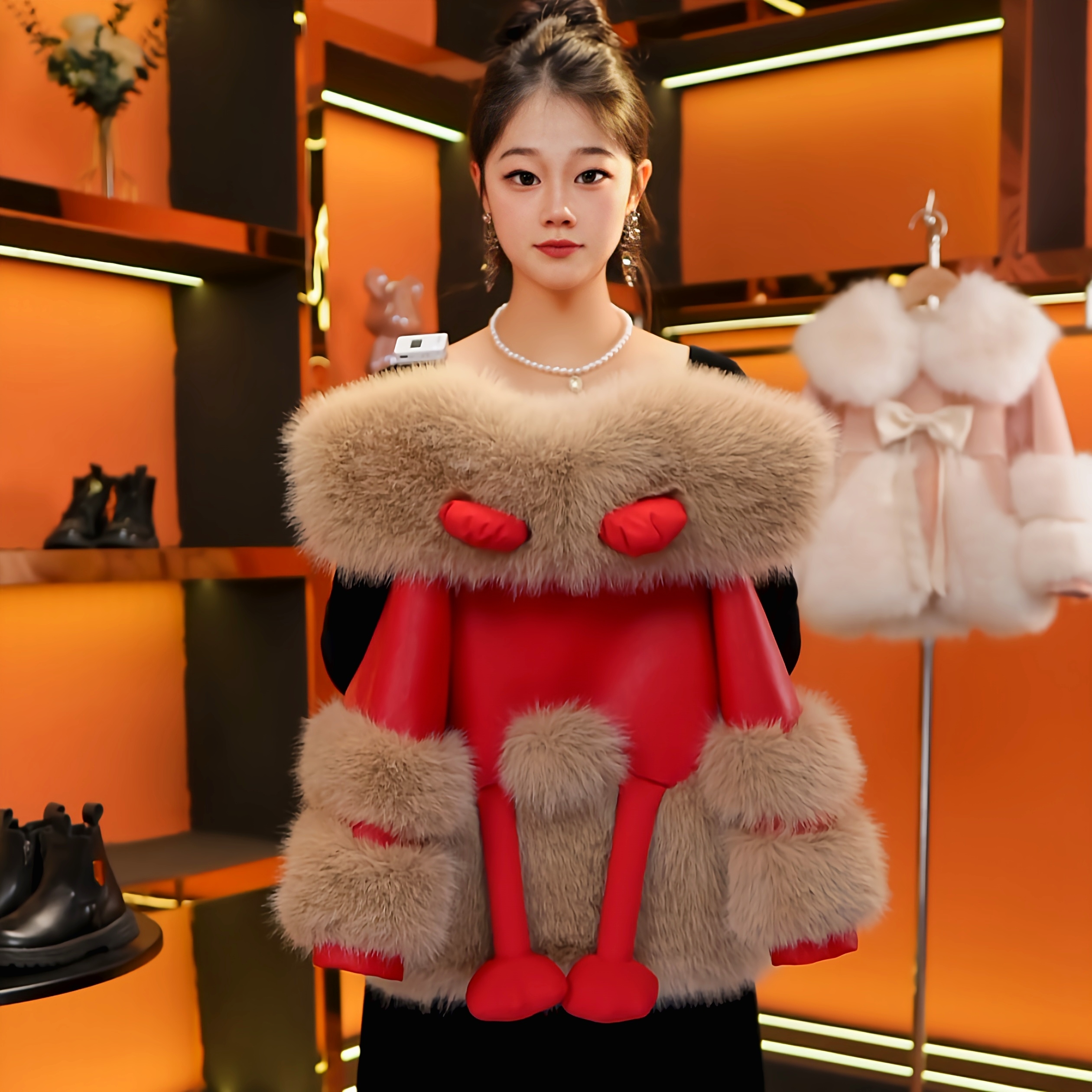 [MH美画-2]2025冬季女童立体卡通玩偶草草加棉加厚皮毛一体外套