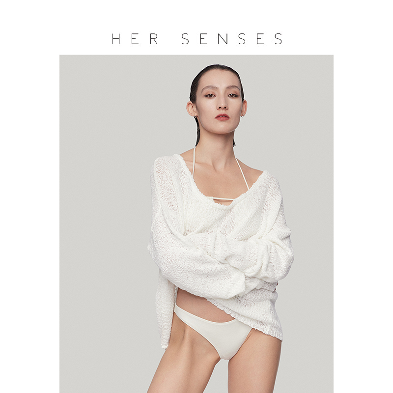 HER SENSES/何识时装系列宽松圆领全棉针织衫落肩袖大领口 C052