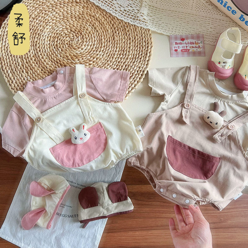 ins韩版夏季新品婴幼儿卡通韩版连体衣男女宝宝纯色三角包屁爬服