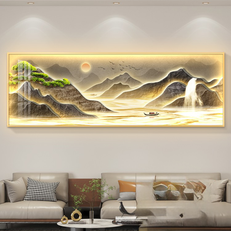 新中式客厅装饰画轻奢沙发背景墙挂画迎客松山水晶瓷装饰画壁画