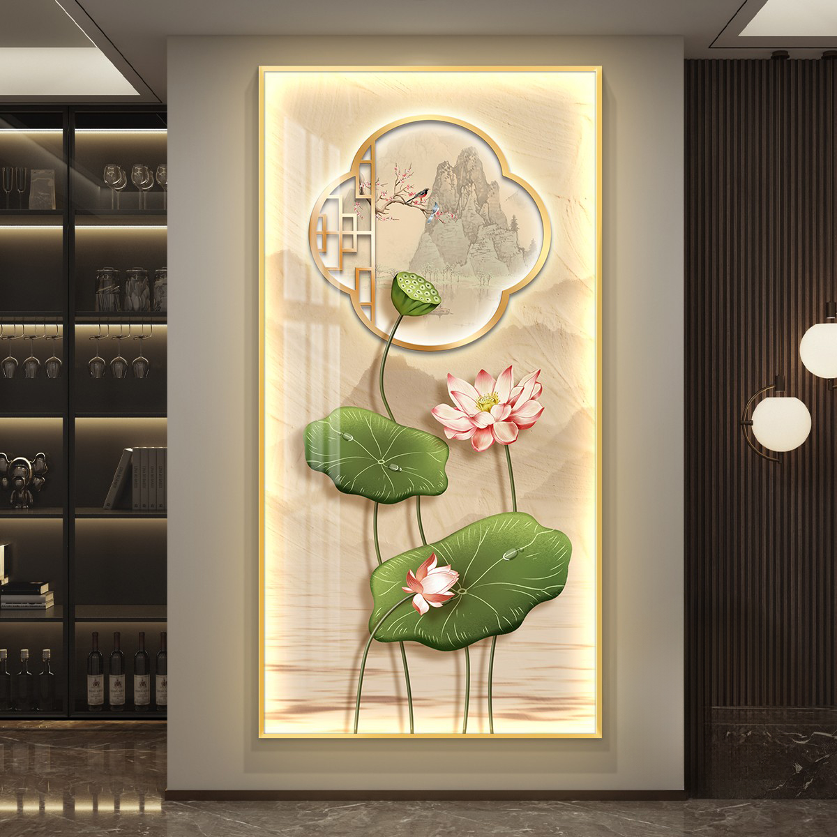 led带灯轻奢新中式入户玄关装饰画走廊过道简约现代挂画荷花壁画