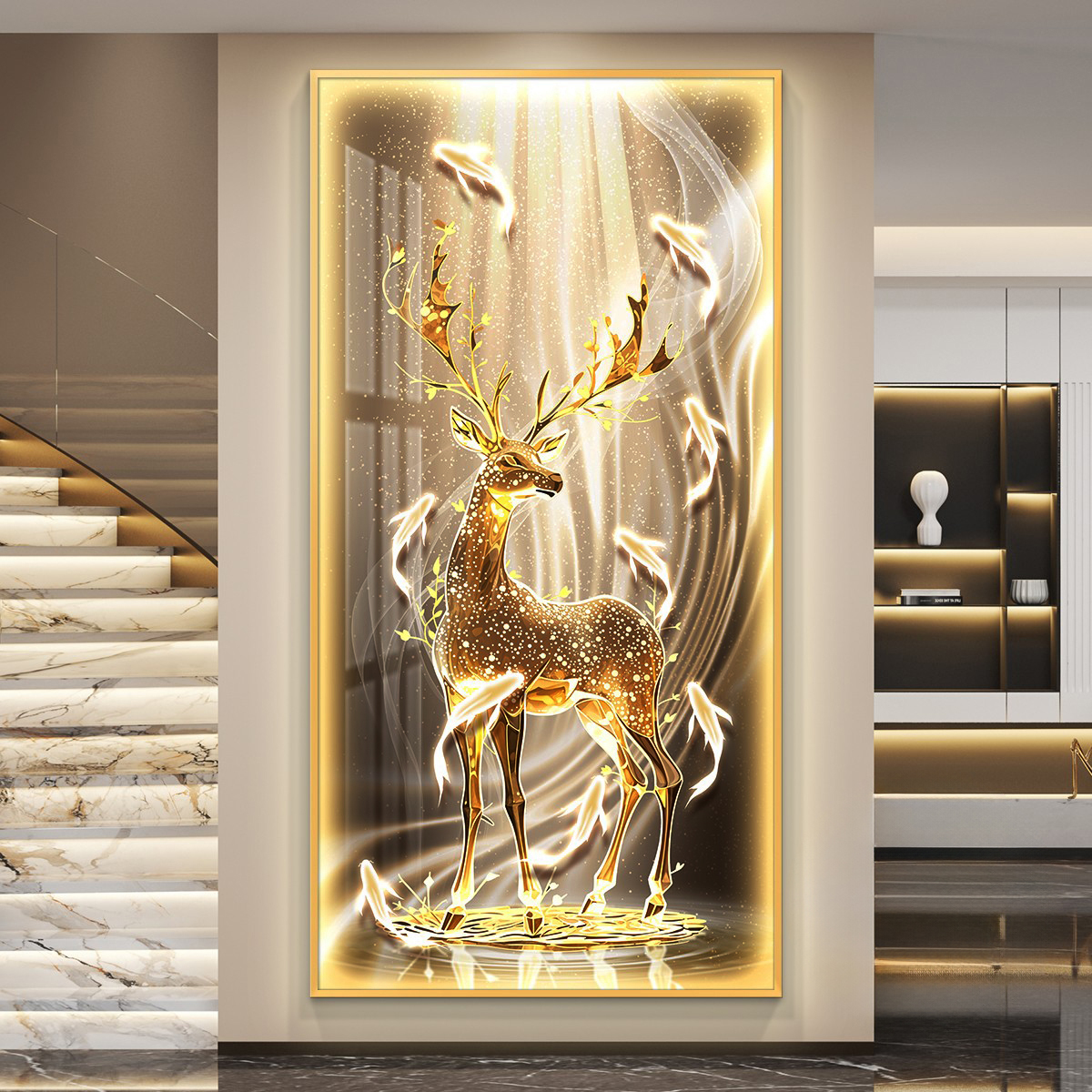 九鱼图轻奢led灯入户玄关装饰画走廊过道挂画壁画简约现代高级感