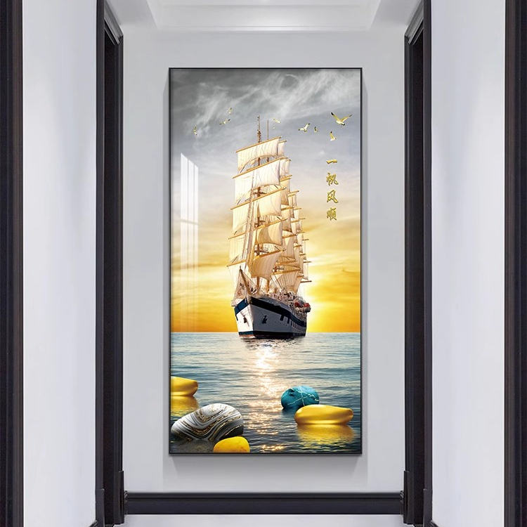 一帆风顺玄关晶瓷装饰画现代轻奢客厅走廊壁画高档大气正对门挂画