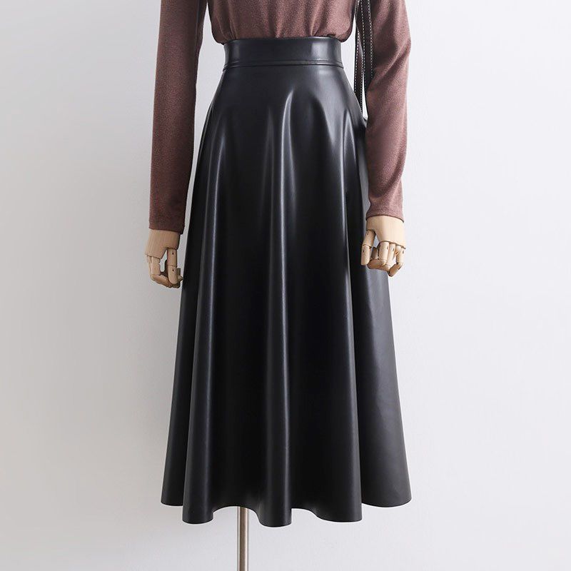 洋气皮裙女秋冬垂感宽松遮胯高腰显瘦A字半身裙中长款大摆伞裙