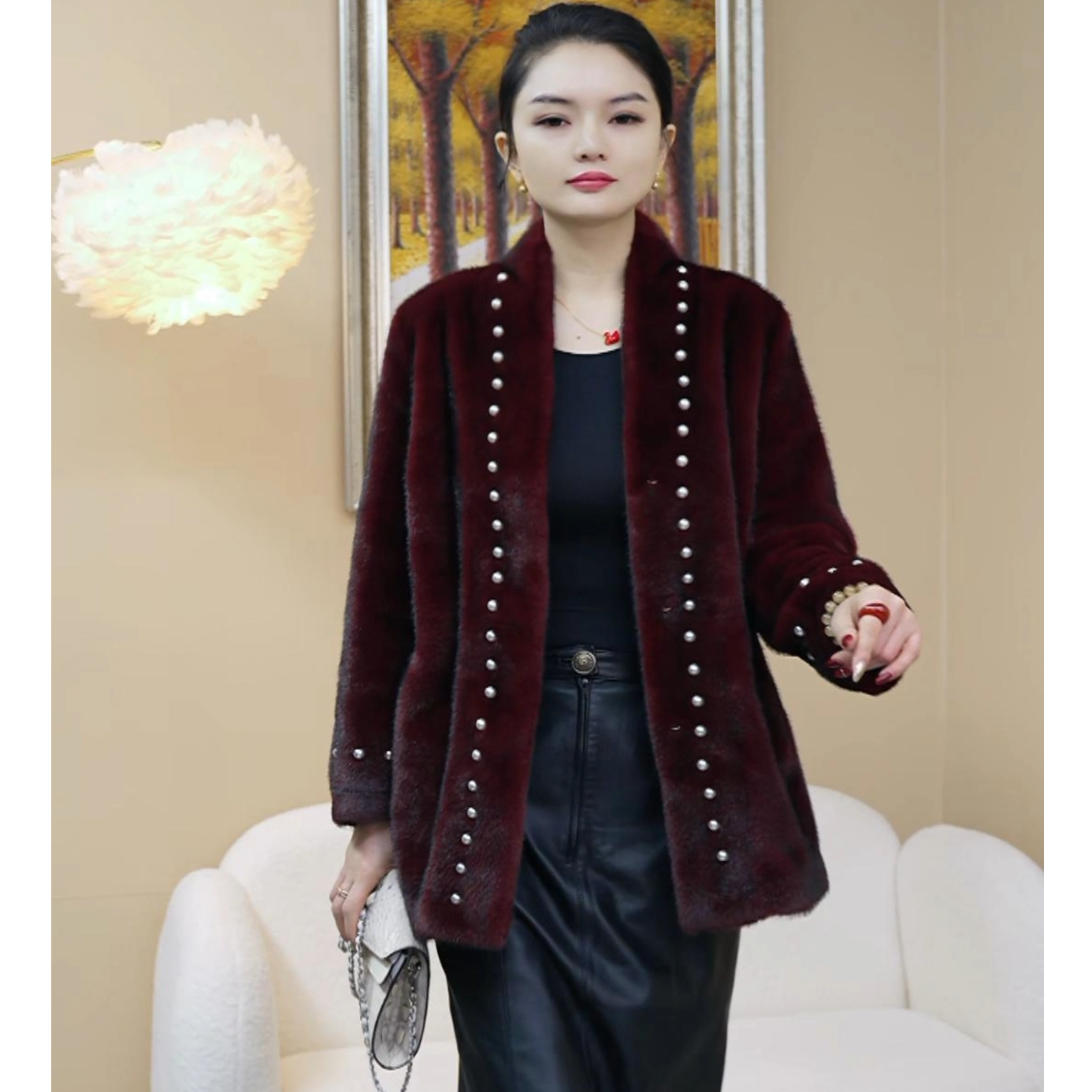 2024冬季新款纯色钉珠加厚外套女大衣中长款宽松百搭气质女士上衣