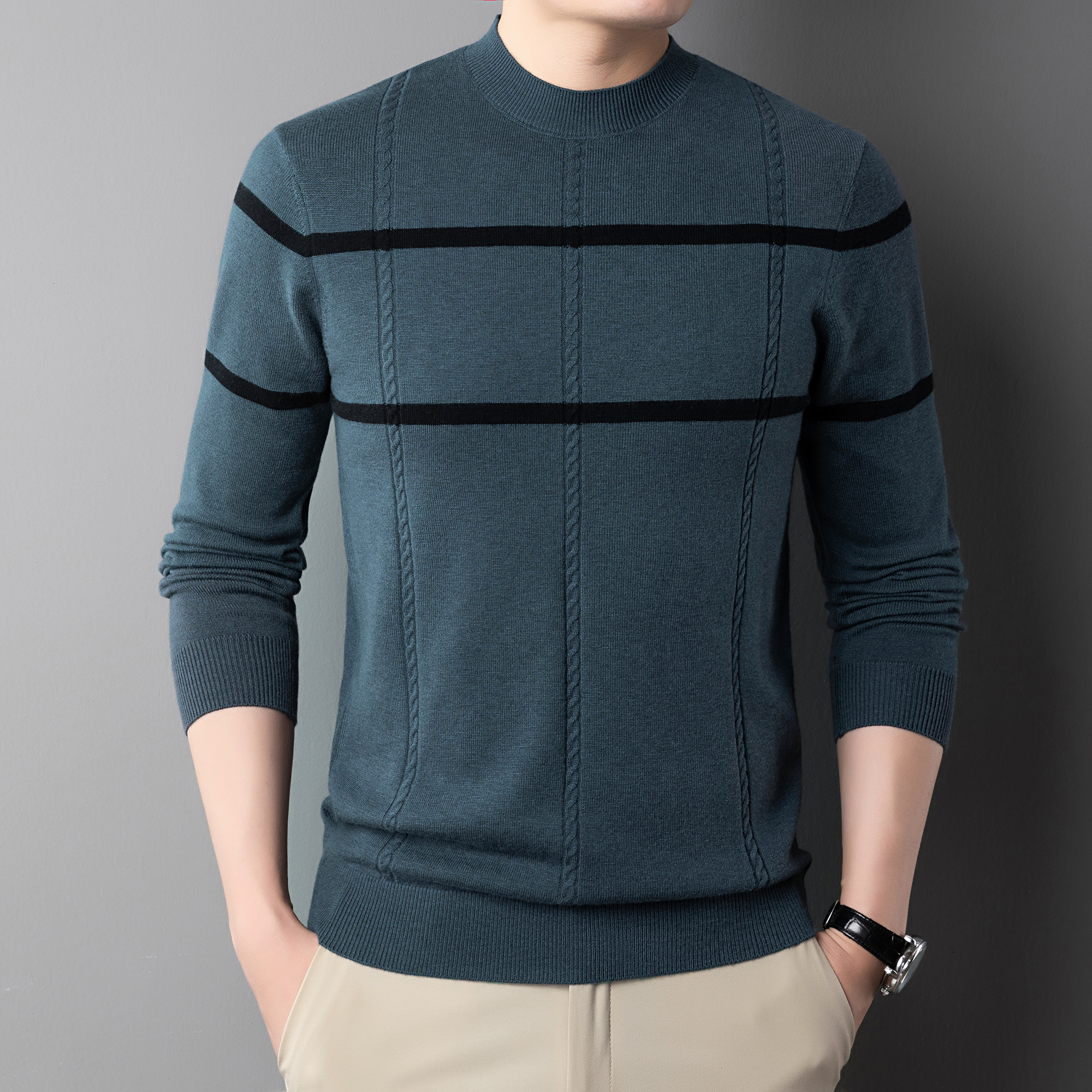 【品牌撤柜】提花横条保暖秋冬冬季男士加厚长袖打底衫7208
