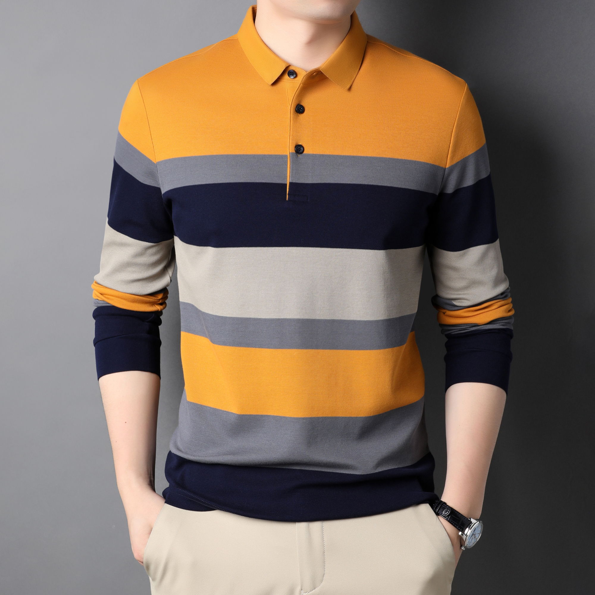 【品牌撤柜】男款拼色长袖翻领条纹时尚打底薄款中年休闲POLO衫3107