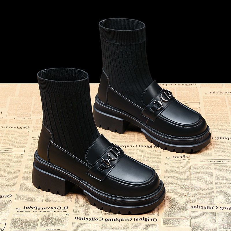 针织弹力袜靴子女秋冬2024年新款厚底粗跟韩版瘦瘦乐福鞋短袜靴女