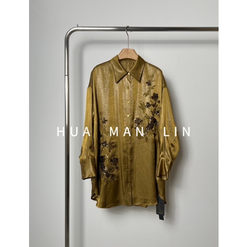 【花滿林】新款重磅醋酸翻领落肩重工钉珠刺绣中长款衬衫7689