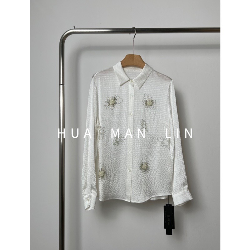【花滿林】新款冠乐绉桑蚕丝时尚翻领手工钉珠气质百搭上衣6077