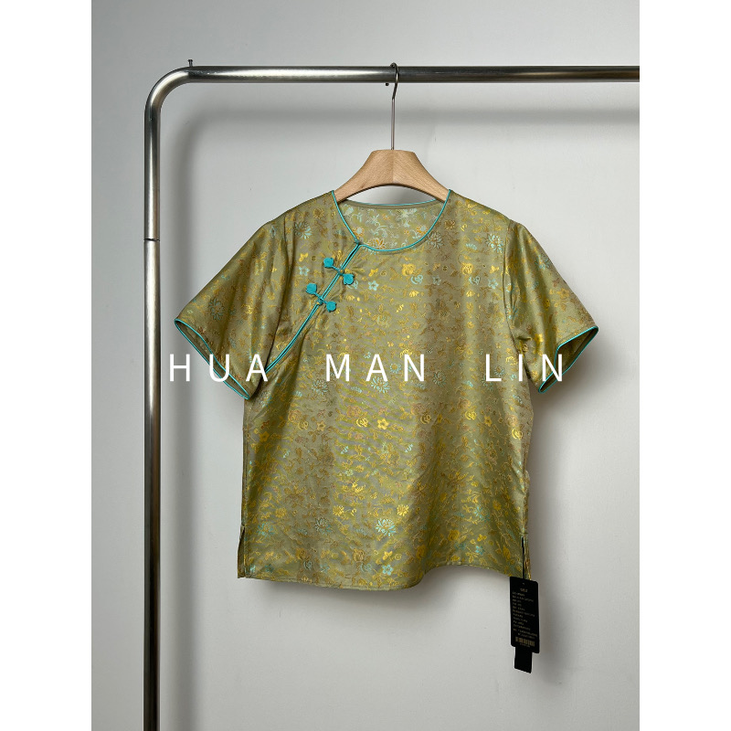 花滿林圆领撞色辑边花罗真丝桑蚕丝短袖上衣8726