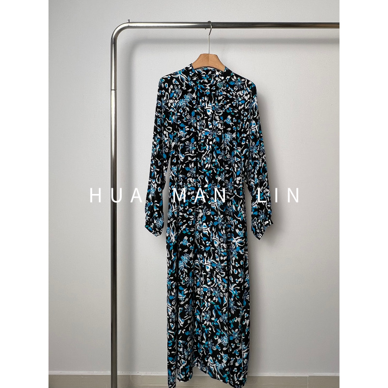 花滿林立领蓝花26MM双绉真丝桑蚕丝连衣裙7062