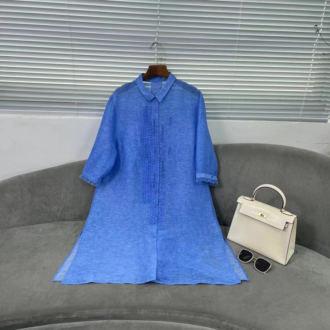 【花滿林】翻领钉珠欧根纱压褶定制面料中长款风衣6785