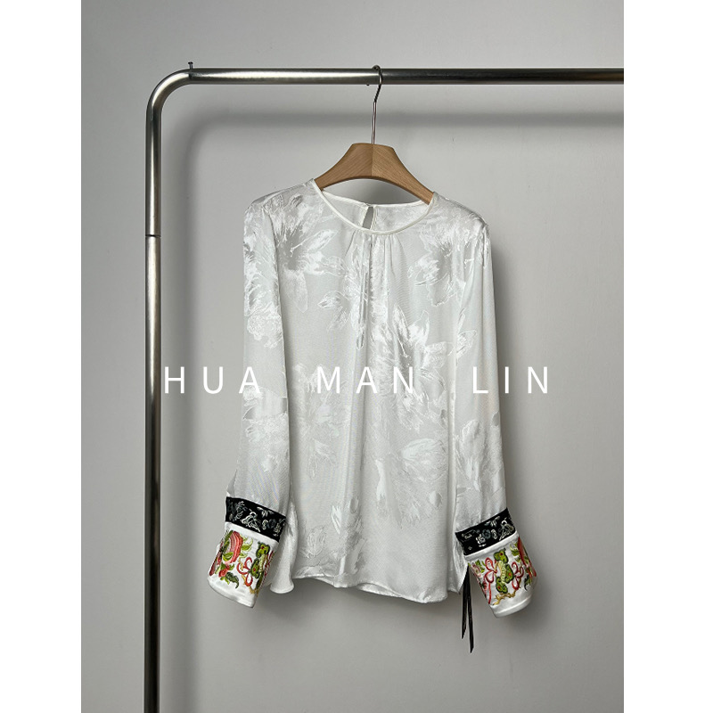 花滿林圆领袖口重工刺绣花罗真丝桑蚕丝上衣8209