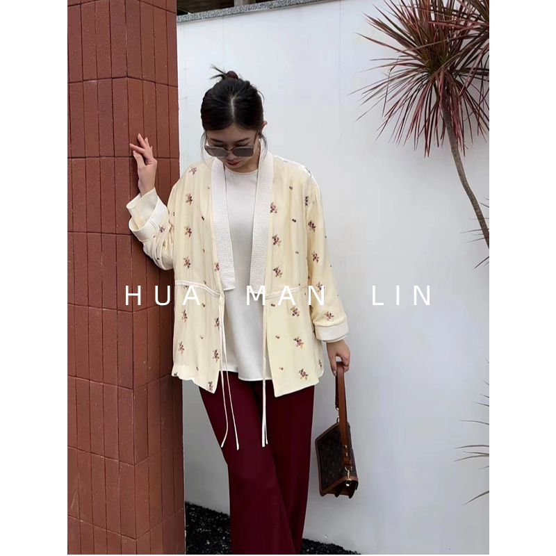 【现量系列】花滿林新款桑蚕丝丝绒拼接V领系带重工刺绣外套7108