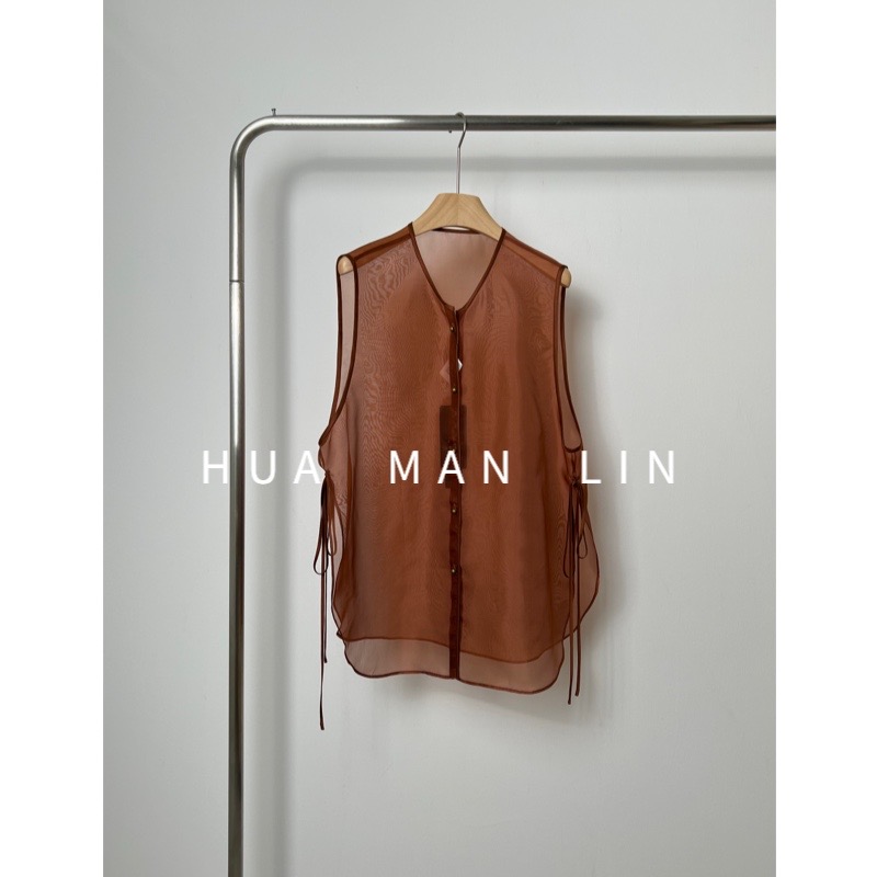 【花滿林】圆领真丝桑蚕丝欧根纱侧边系带气质百搭马夹7662