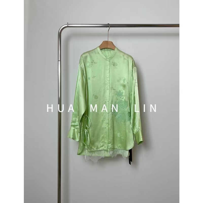 【花滿林】‘石榴的春天’新款小立领刺绣钉珠系带拼蕾丝上衣6069