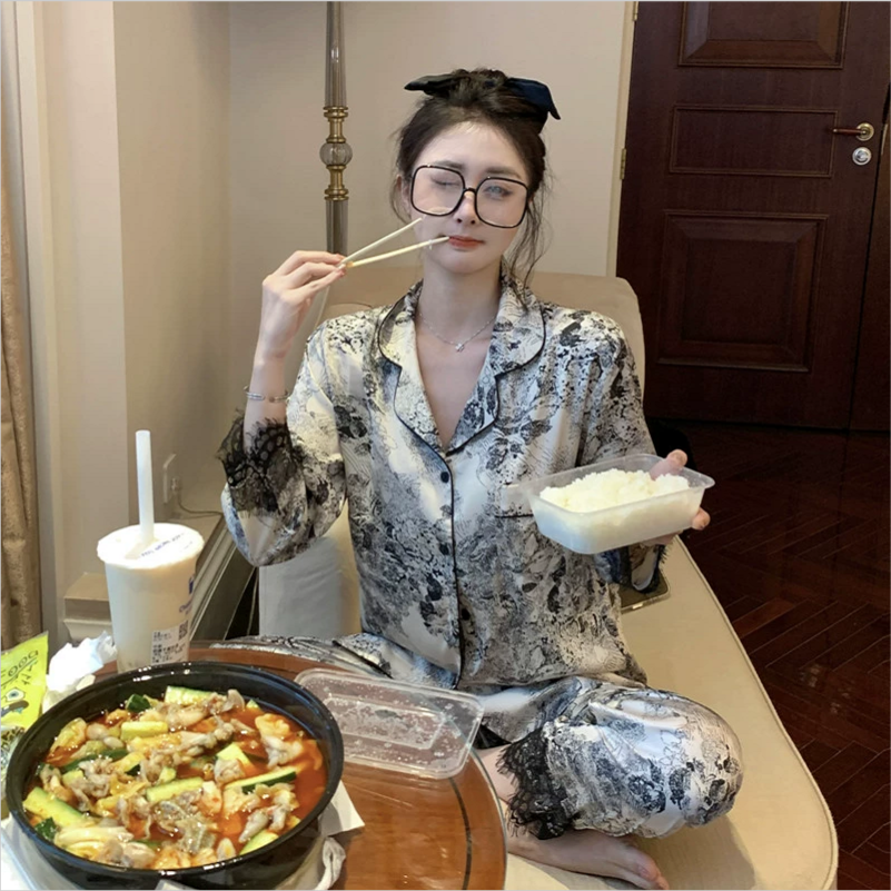 女士冰丝睡衣女款长袖秋季套装爆款2025新款网红高档家居服春夏天