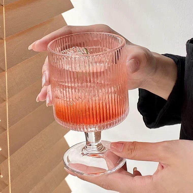 竖条纹高脚杯子ins高颜值家用玻璃杯饮料果汁水杯洋酒杯冰淇淋杯 