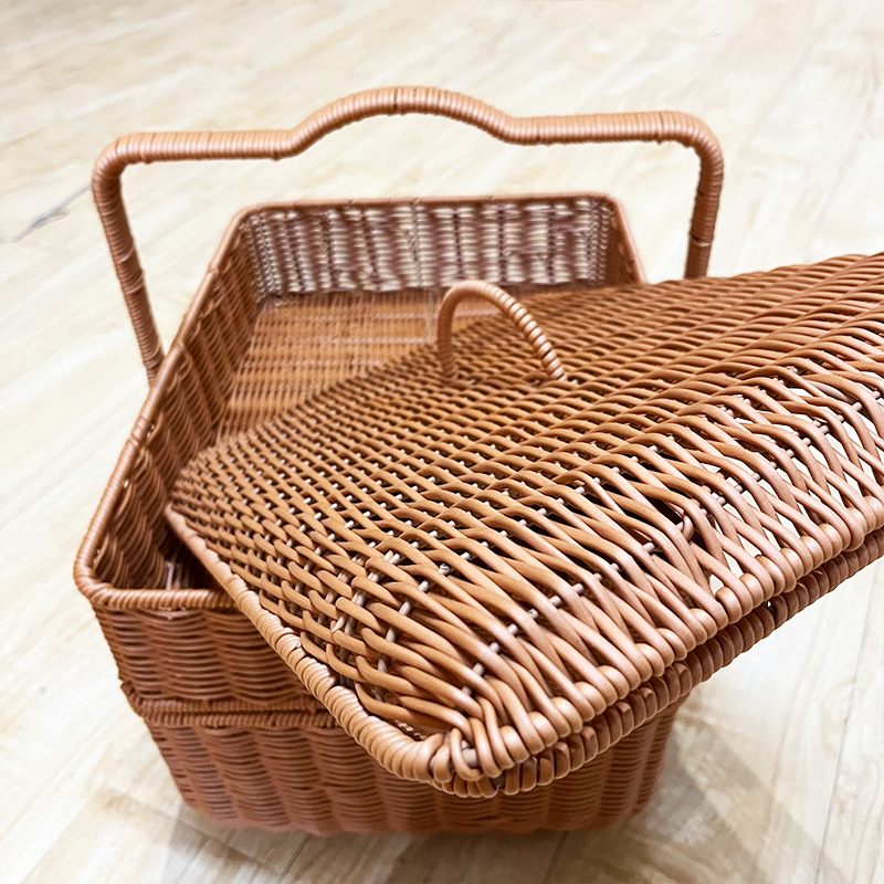 A181收纳整理棕色长方双层加固带盖野餐篮手工编织特大43*30*30