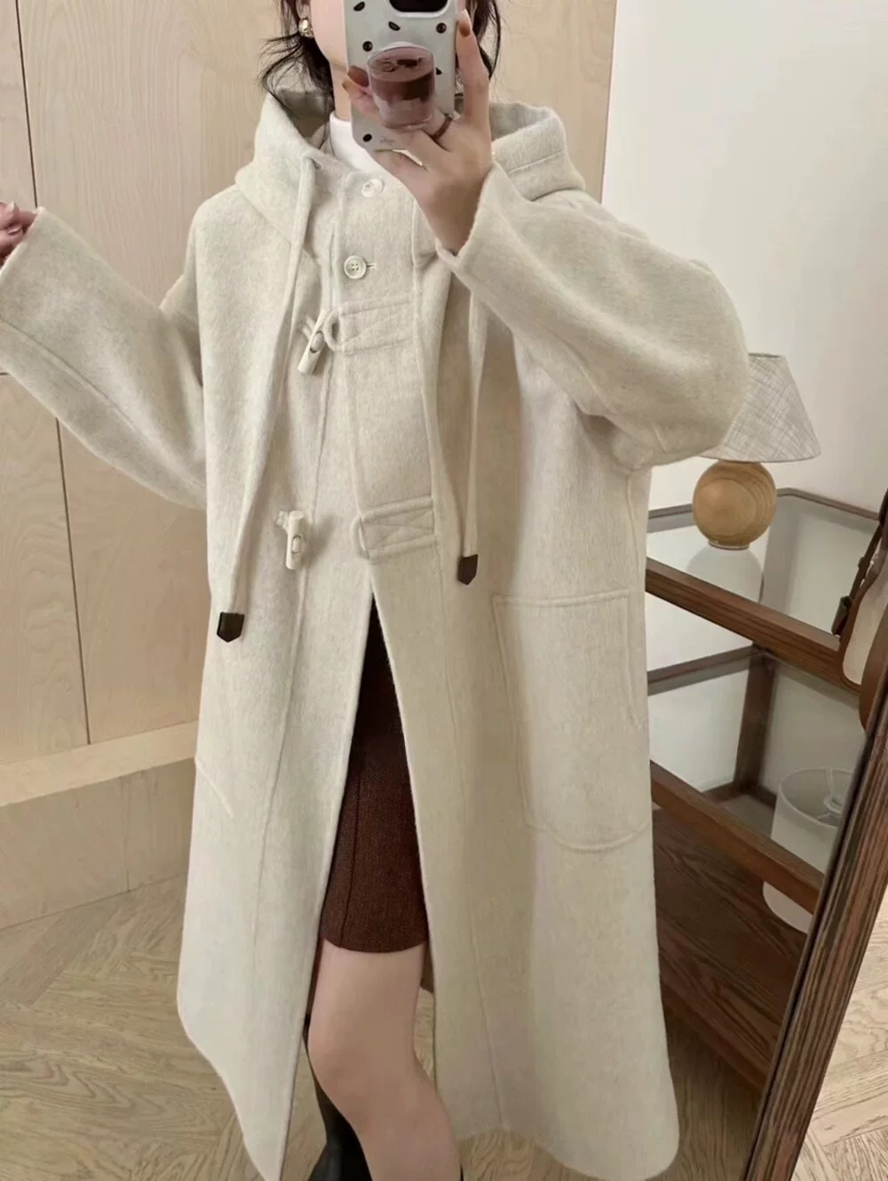 高领牛角扣双面羊毛大衣女垂感直筒大衣