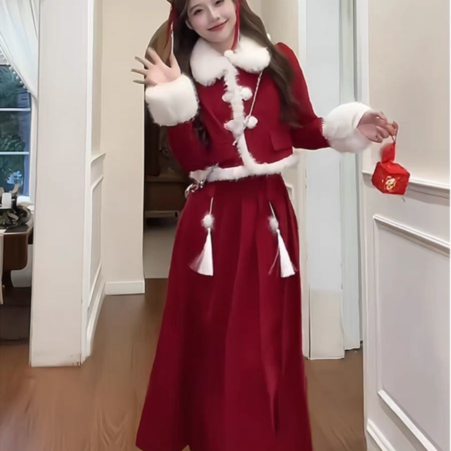 2023秋冬季新中式国风红色套装裙冬季外套长裙新年圣诞战袍两件套