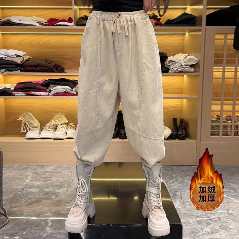 冬季新款时尚炒色加绒加厚灯芯绒哈伦裤女宽松大码显瘦洋气休闲裤