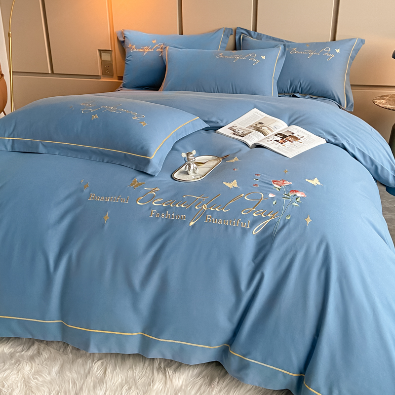 水星家纺120支纯棉刺绣四件套全棉床单床笠被套加厚磨毛床上用品4