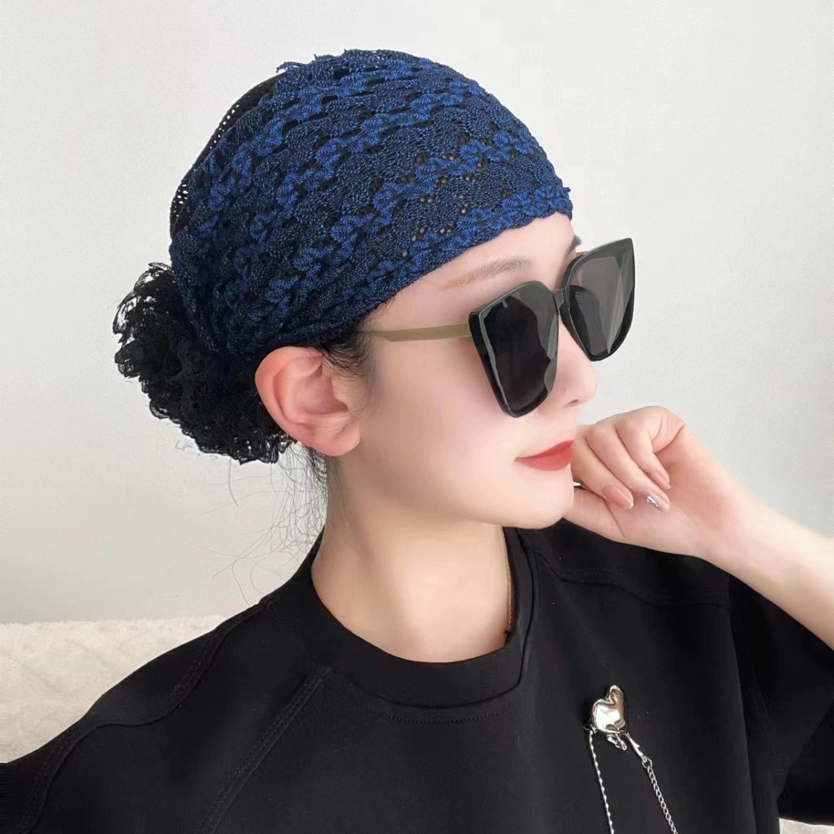 包头白发盘发蕾丝刺绣四季透气洋气花朵帽子时尚带帽妈妈新款头巾