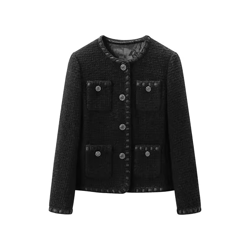 （黑天鹅）气质圆领黑色小香风外套羊毛粗花呢秋冬季轻奢百搭上衣