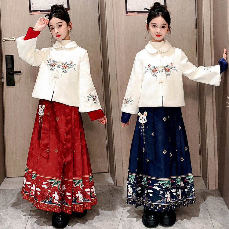 秋冬马面裙国潮马面2023女童新款套装中大童复古百褶裙裙子中国