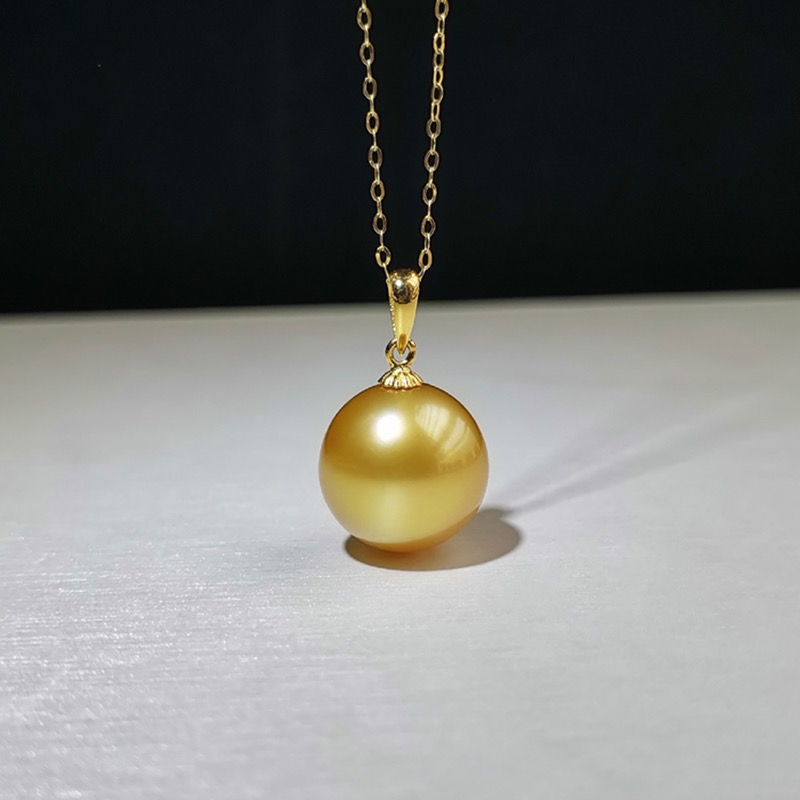 淡水珍珠 纯银瓜子扣 金色珠吊坠 10.5-12.5mm 