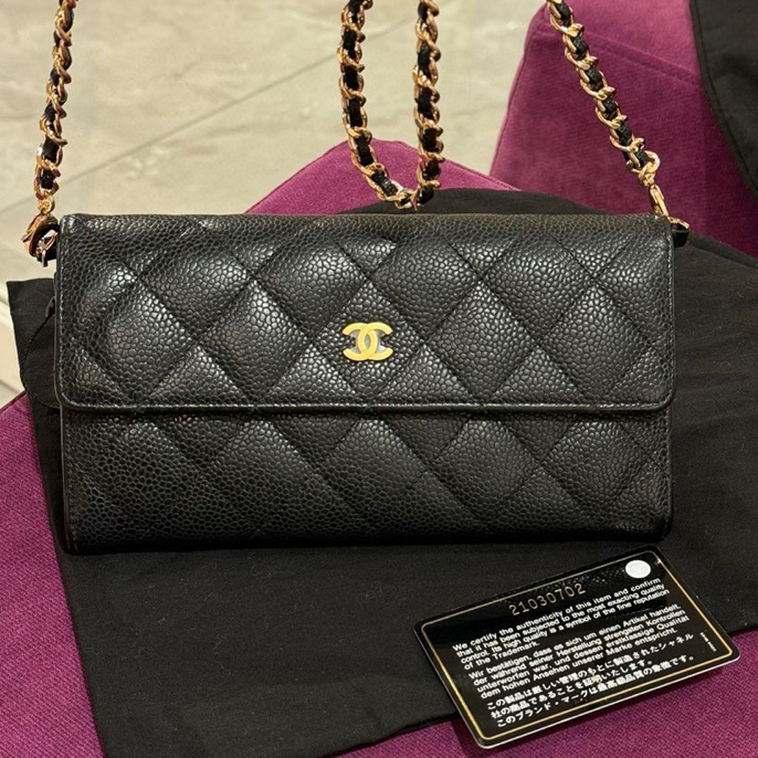 95新 Chanel/香奈儿 98新/黑金荔枝长款钱包/货号2411418 