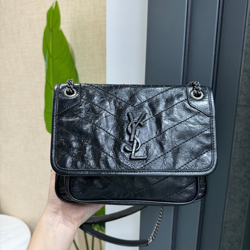99新 YSL/圣罗兰 货号2417912 黑银niki小号单肩包 D环