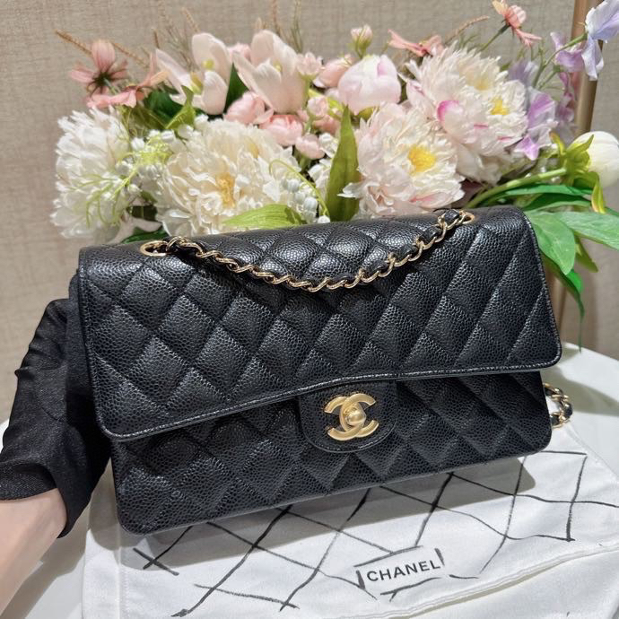 99新 Chanel/香奈儿 货号2416511  黑金荔枝cf中号单肩包 芯
