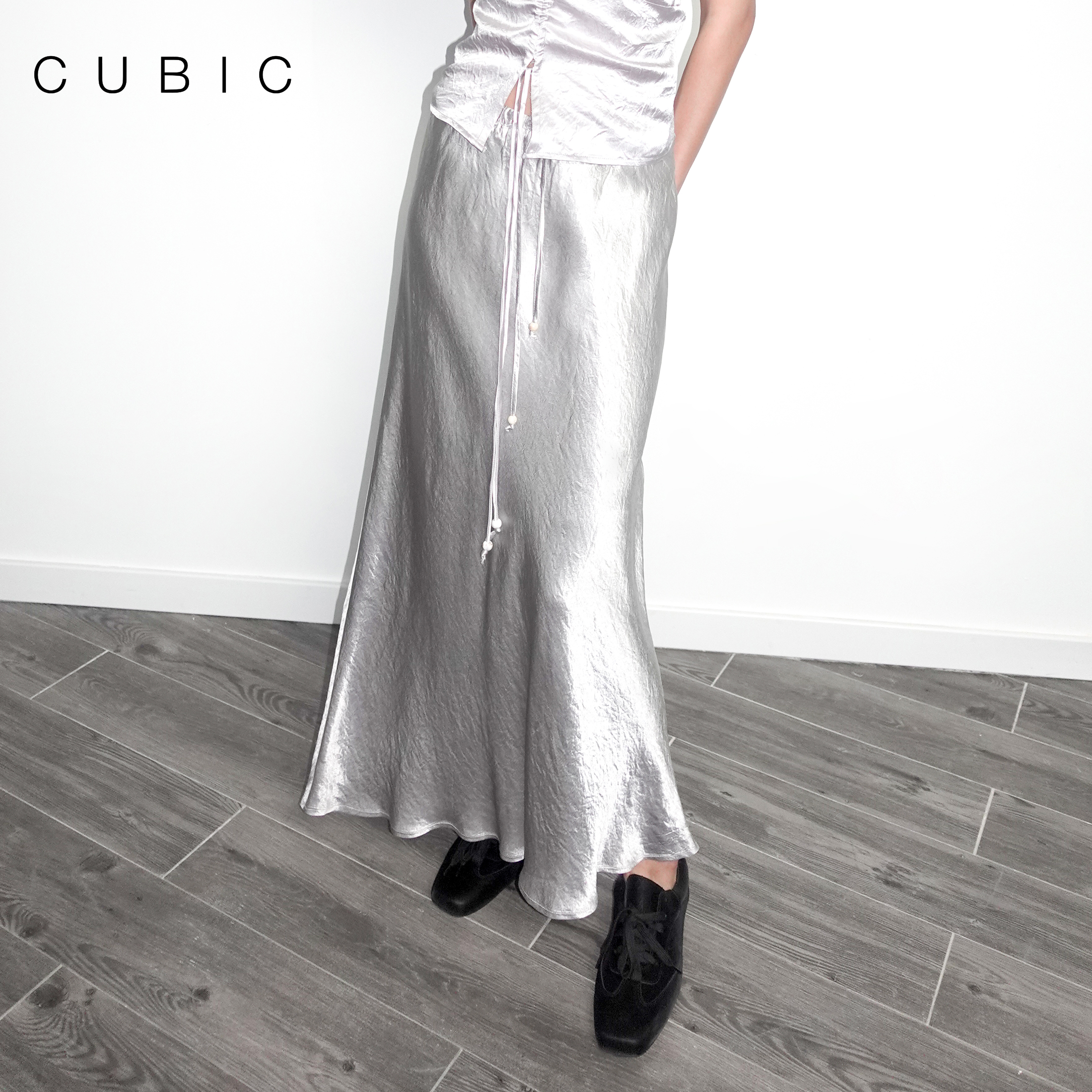 CUBIC100%重磅醋酸气质垂感高腰抽绳中长款斜裁鱼尾显瘦半身裙