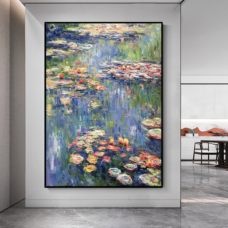 手绘油画《睡莲》莫奈名画客厅背景墙装饰画餐厅画玄关挂画肌理