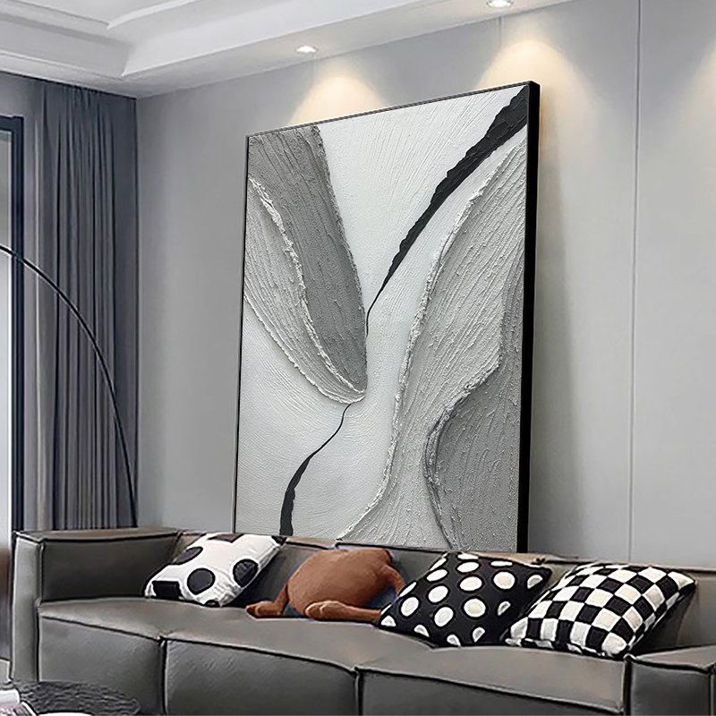 手绘油画《石运》玄关挂画客厅沙发背景墙装饰画抽象肌理黑白灰