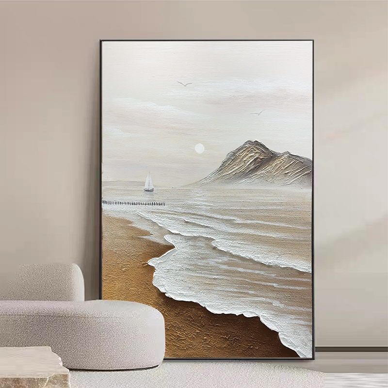 手绘油画《日出海岸》玄关客厅沙发背景墙装饰画挂画轻奢风景壁画